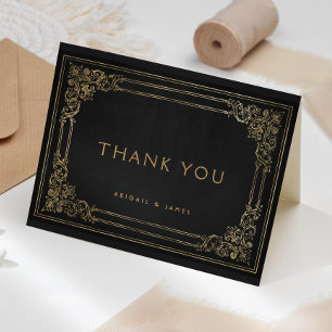 Cartão De Agradecimento Moldura Vintage Preto Dourado Casamento