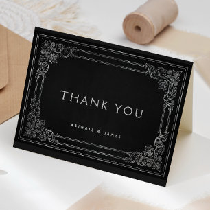 Cartão De Agradecimento Moldura Vintage Preto Prata Casamento