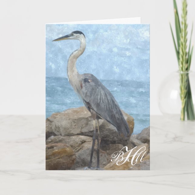 Cartão De Agradecimento Monogram Blue Heron Thank You Note (Frente)
