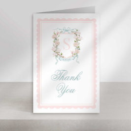 Cartão De Agradecimento Monogram Crest Thank You Card Pink Bow Scallop