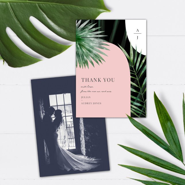 Cartão De Agradecimento Monograma Arches Foto Tropical Casamento (Criador carregado)