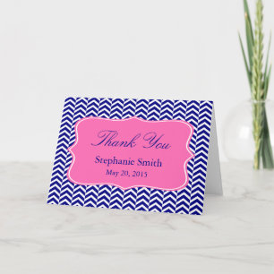 Cartão De Agradecimento Monograma Azul Marinho com Chevron Rosa Bridal