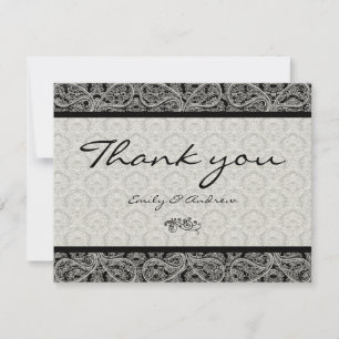 Cartão De Agradecimento Monograma Black Damask Paisley Weding Obrigado
