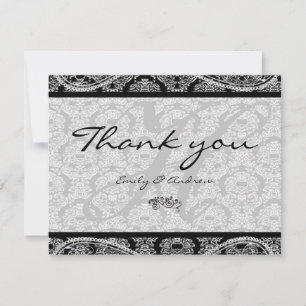 Cartão De Agradecimento Monograma Black Damask Paisley Weding Obrigado