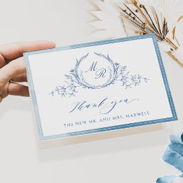 Cartão De Agradecimento Monograma Clássico Azul Elegante, Casamento de Aqu