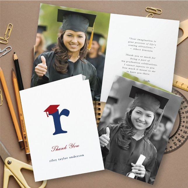 Cartão De Agradecimento Monograma Clássico R Boné de formatura Fotografia  (Classic Graduate's Monogram R Graduation Cap Photo Modern Thank You Card @ zazzle.com/color_therapy)