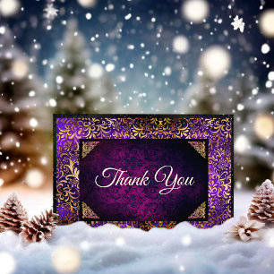 Cartão De Agradecimento Monograma damasco floral dourado roxo elegante