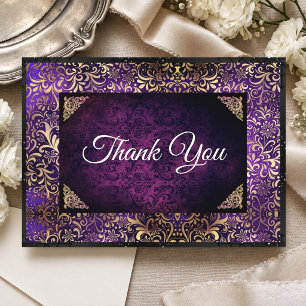 Cartão De Agradecimento Monograma damasco floral dourado roxo elegante
