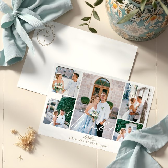 Cartão De Agradecimento Monograma de Arco de Casamento de Script de Colage (Minimal Photo Collage Script Wedding Bow Monogram Thank You Card)