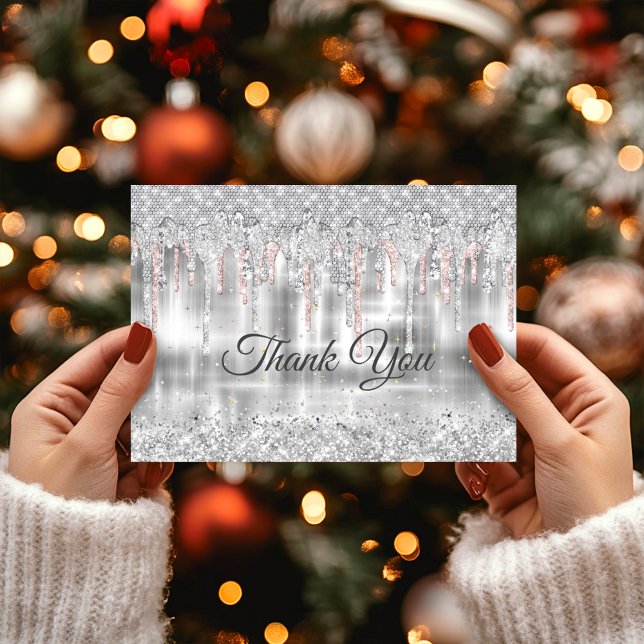 Cartão De Agradecimento Monograma de brilho de prata elegante (Criador carregado)