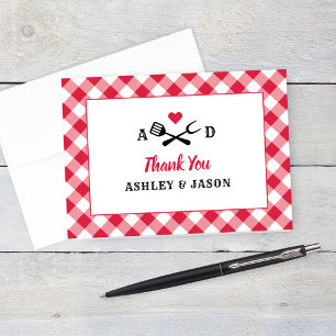 Cartão De Agradecimento Monograma de Casamento de Xadrez Rustic Red Gingha