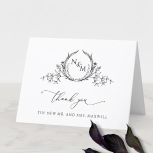 Cartão De Agradecimento Monograma de casamento em preto e branco elegante