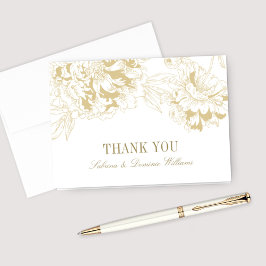 Cartão De Agradecimento Monograma de Casamento Floral Dourado Elegante