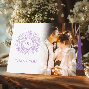 Cartão De Agradecimento Monograma de folhas em círculo fotos de casamento