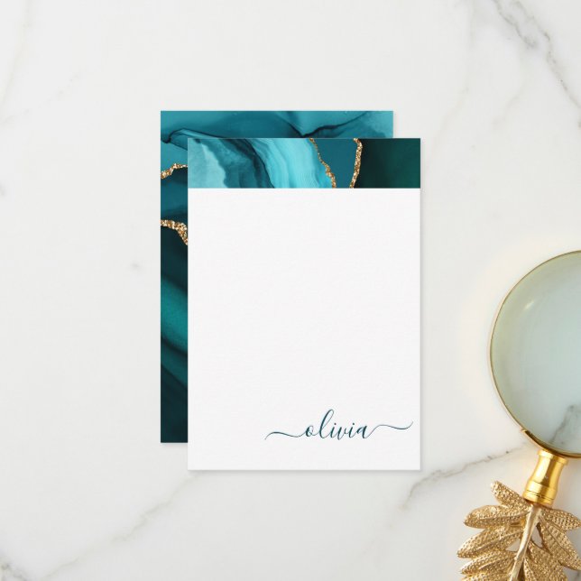 Cartão De Agradecimento Monograma Dourado de Geodo Azul Aqua Azul (Frente/Verso In Situ)