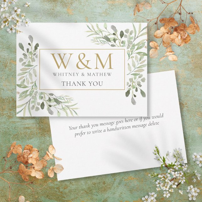 Cartão De Agradecimento Monograma Dourado Elegância Verde (Gold Monogram Greenery Elegant Thank You Card)