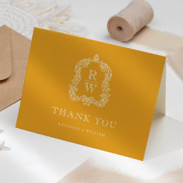 Cartão De Agradecimento Monograma Elegante Crest Marigold Casamento Amarel
