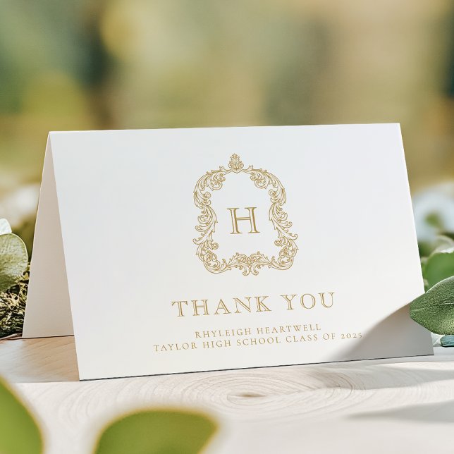 Cartão De Agradecimento Monograma Elegante Crest White Dourada Graduação (Criador carregado)