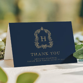 Cartão De Agradecimento Monograma Elegante Marinho  Azul Graduação Dourada