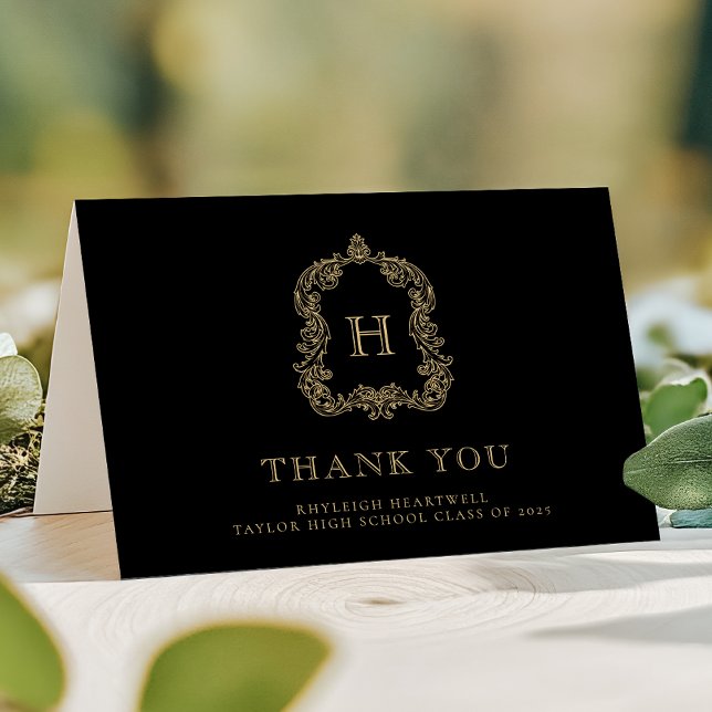 Cartão De Agradecimento Monograma Elegante Paragem Dourada Preta (Criador carregado)