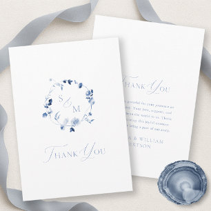 Cartão de Agradecimento Monograma Floral Azul Empo