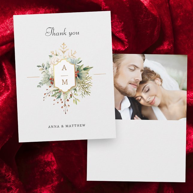 Cartão De Agradecimento Monograma Floral de Natal Simples (Criador carregado)