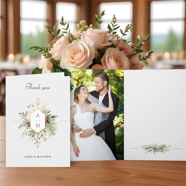 Cartão De Agradecimento Monograma Floral de Natal Simples (Criador carregado)