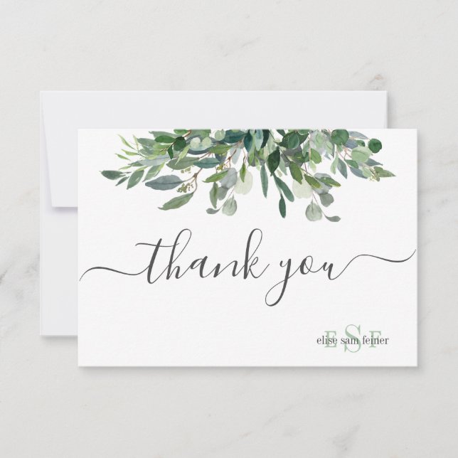 Cartão De Agradecimento Monograma Verde Goma Azul Eucalyptus Obrigado (Frente)