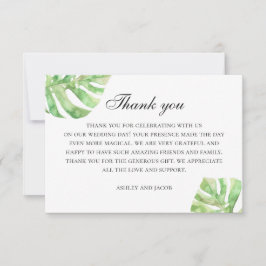 Cartão De Agradecimento Monstera em aquarela. Casamento de verde tropical