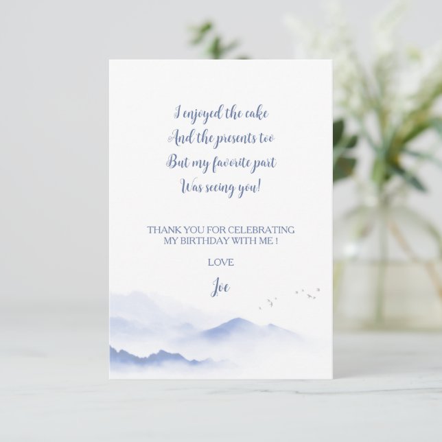 Cartão De Agradecimento montanhas azuis aniversário infantil neutro em ter (Em pé/Frente)