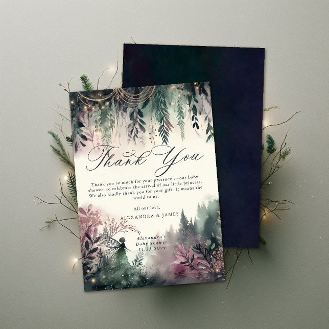 Cartão De Agradecimento Montanhas de Fadas da Floresta Encantadas Chá de f (baby shower thank you card enchanted forest fairy mountains emerald mauve watercolor elegant simple)