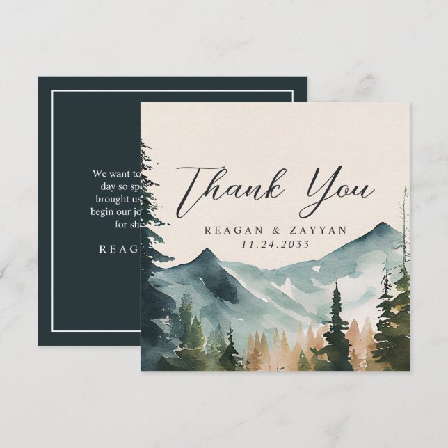 Cartão De Agradecimento Montanhas e Pinheiros em Aquarela Casamento (Frente/Verso)