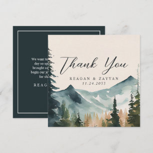 Cartão De Agradecimento Montanhas e Pinheiros em Aquarela Casamento