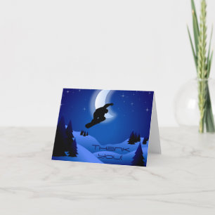 Cartão De Agradecimento Montanhas Noturnas e Moon Snowboarder