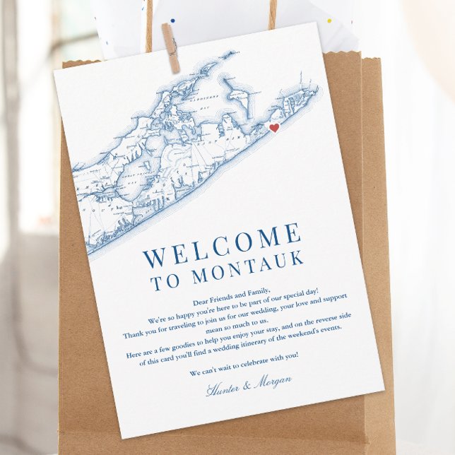 Cartão De Agradecimento Montauk NY Map Wedding - Letra Marinho Azul (Montauk NY Map Wedding Welcome letter and weekend events itinerary for an elegant navy blue wedding )