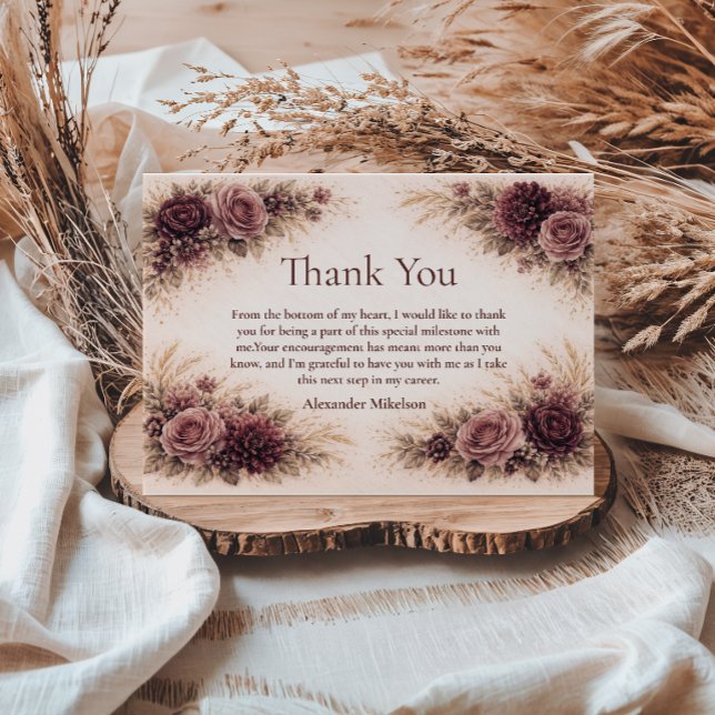 Cartão De Agradecimento Moody Burgundy Floral Graduation Party (Criador carregado)