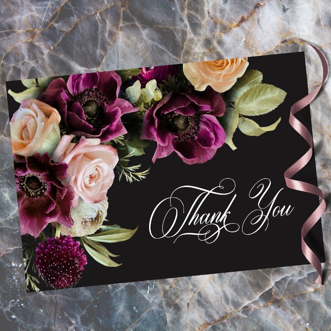 Cartão De Agradecimento Moody Dark Floral Black Burgundy Romantic Wedding  (Moody Dark Floral Black Burgundy Romantic Wedding Thank You Card)