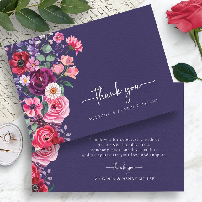 Cartão De Agradecimento Moody Floral Wedding (Moody Navy Blue Watercolor Floral Wedding Thank You Card by Painted Paperie
)