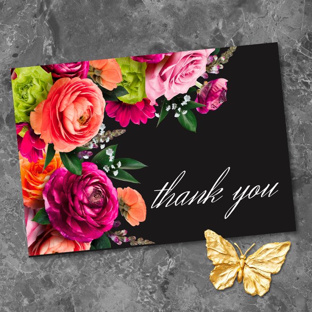 Cartão De Agradecimento Moody Luxe Floral Vibrant Pink Black Wedding  (Moody Luxe Floral Vibrant Pink Black Wedding Thank You Card)