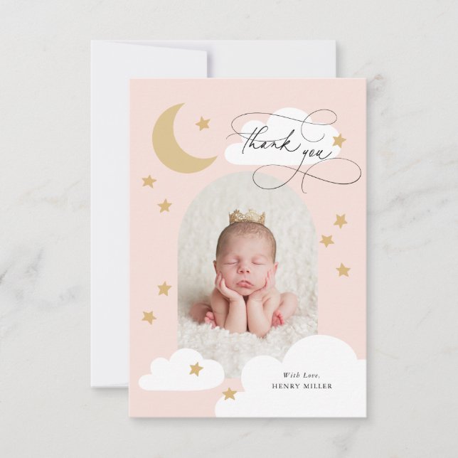 Cartão De Agradecimento Moon Stars Clouds Arch Photo Pink Obrigado (Frente)
