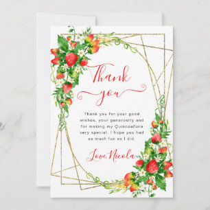 Cartão De Agradecimento Morangos Florais em Aquarela Quadro Quinceanera