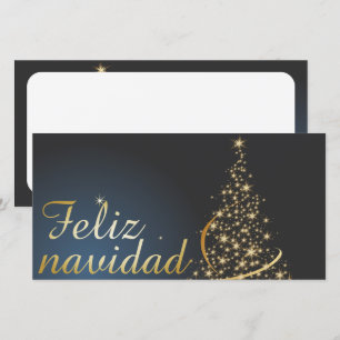 Cartão De Agradecimento Motivo natalino azul com árvore de natal dourada.