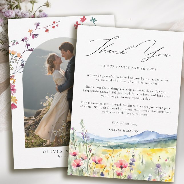 Cartão De Agradecimento Mountain Meadow Wildflowers Modern Boho Wedding (mountain wedding thank you boho arch photo wildflowers meadow floral watercolor modern calligraphy )