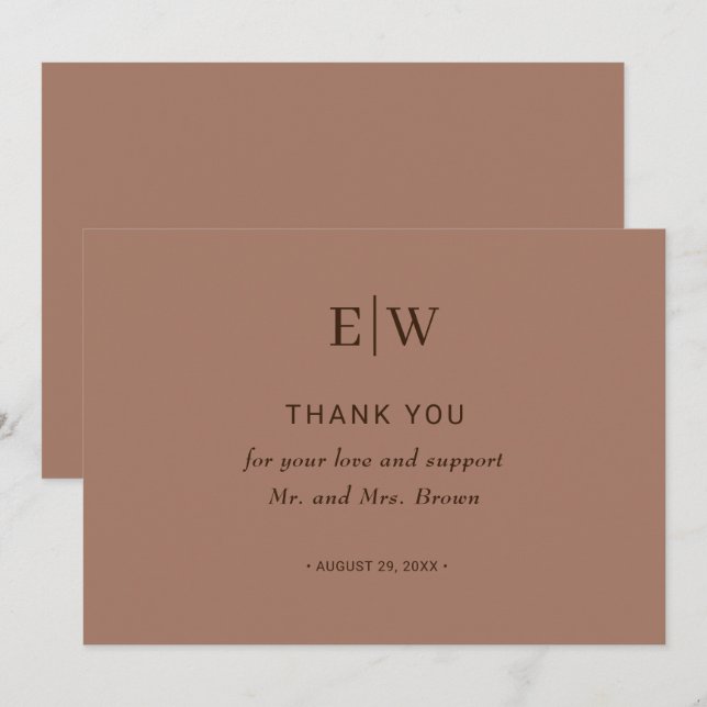 Cartão De Agradecimento Mousse Simples Elegante Mocha com Casamento Monogr (Frente/Verso)
