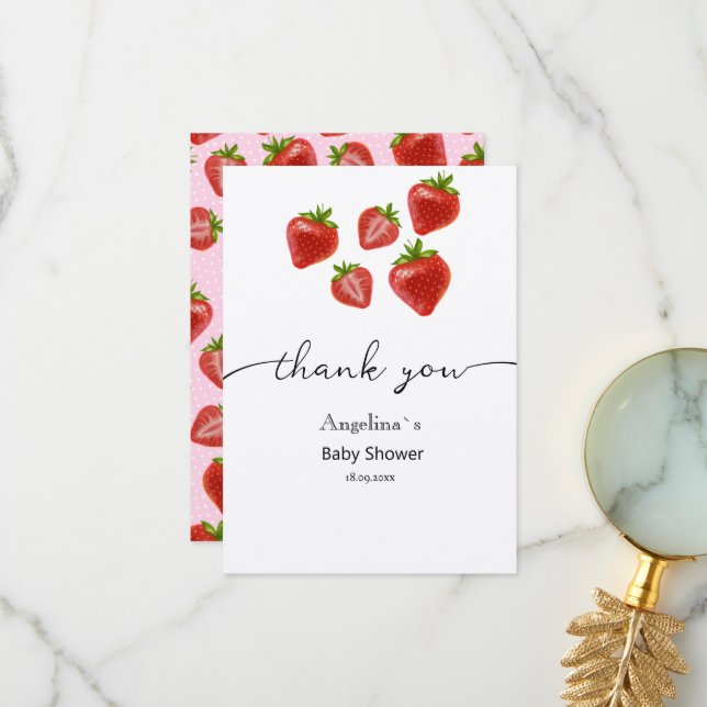 Cartão De Agradecimento Muito Obrigado, Chá de fraldas Morangos Doce. (Frente/Verso In Situ)