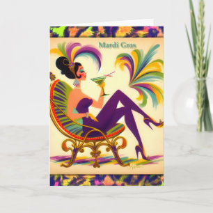 Cartão De Agradecimento Mulher de Martini Retro Meados do Século Mardi Gra