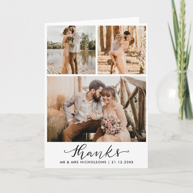 Cartão De Agradecimento Multi-Foto de Casamento | Script de Obrigados Eleg (Frente)