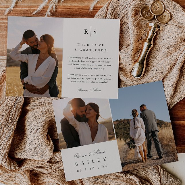 Cartão De Agradecimento Múltipla Foto Clássica do Monograma Preto e Ecru (Criador carregado)