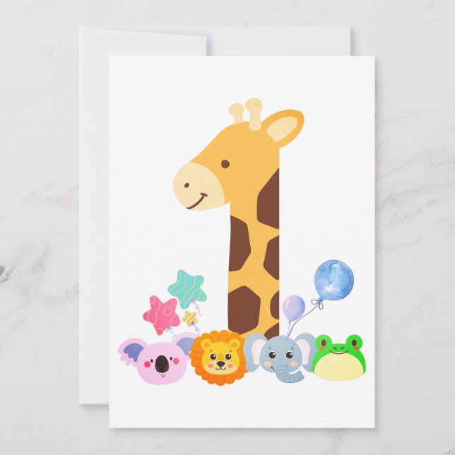 Cartão De Agradecimento My First Birthday. Giraffe and Happy Animals Desig (Frente)