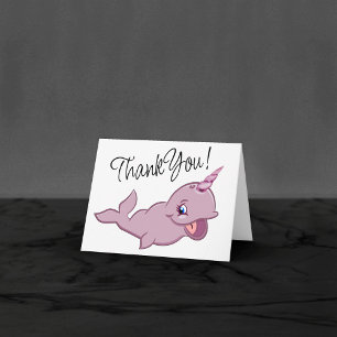 Cartão De Agradecimento Narval Rosa Animal de Desenho Animado Kawaii Fem